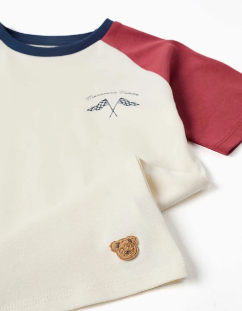 Short Sleeve Cotton Pyjamas with Padded Mask for Boys, White/Red