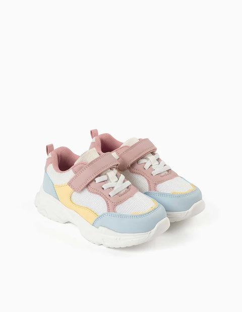 Dual-Fabric Trainers with Chunky Sole for Girls, White/Pink/Blue/Yellow