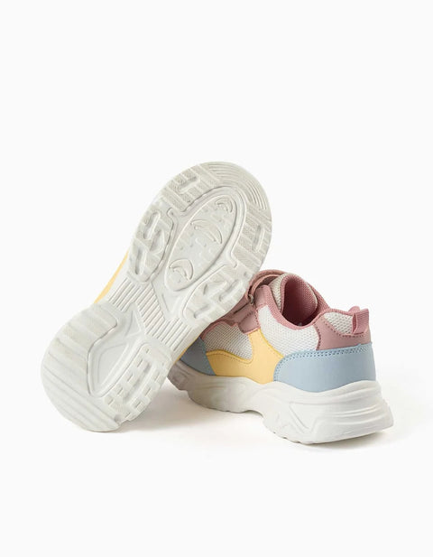 Dual-Fabric Trainers with Chunky Sole for Girls, White/Pink/Blue/Yellow
