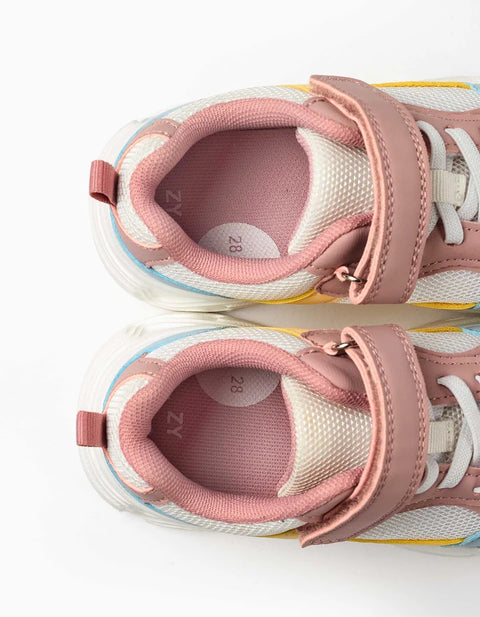 Dual-Fabric Trainers with Chunky Sole for Girls, White/Pink/Blue/Yellow