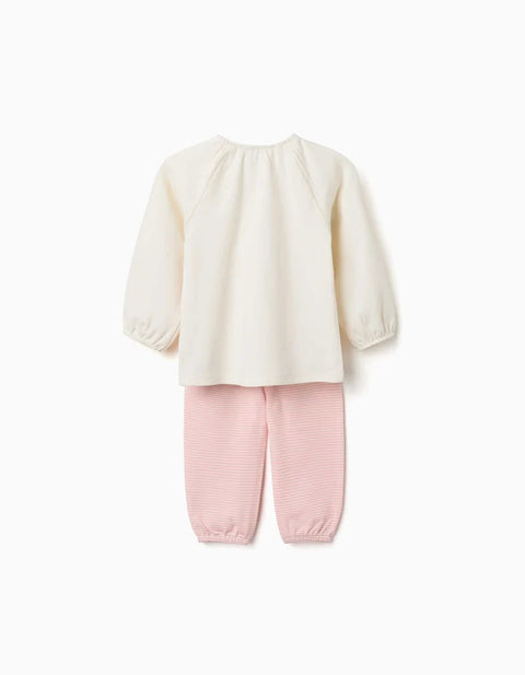 Long Sleeve Cotton Pyjamas with Flowers for Baby Girls, White/Pink