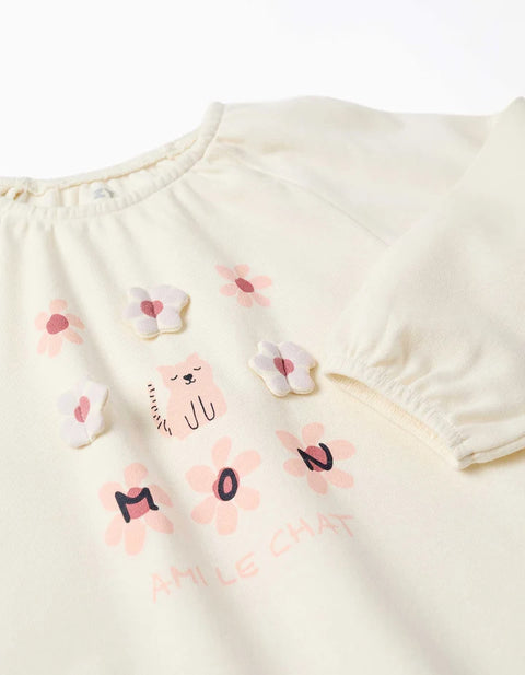 Long Sleeve Cotton Pyjamas with Flowers for Baby Girls, White/Pink