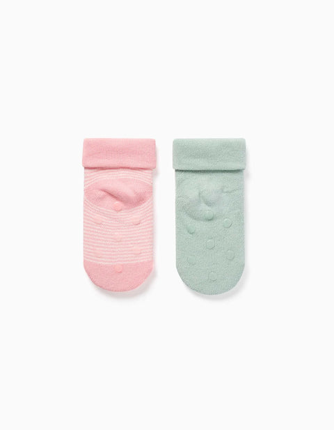 Pack of 2 Non-slip Terry Socks for Baby Girls, Light Green/Pink