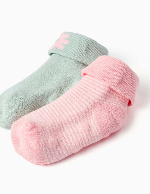 Pack of 2 Non-slip Terry Socks for Baby Girls, Light Green/Pink