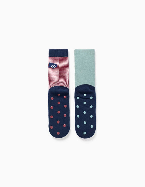 2 Non-Slip Socks with Terry Lining and Car Motif for Boys, Multicolour