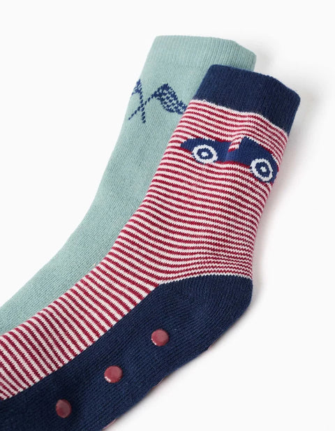 2 Non-Slip Socks with Terry Lining and Car Motif for Boys, Multicolour