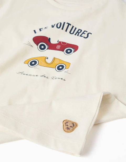 Short Sleeve Pyjamas with Racing Car Print for Boys, White/Yellow