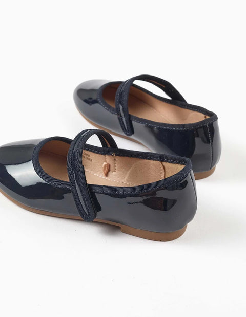 Patent Mary Jane Shoes with Touch-Fastener for Girls, Navy Blue