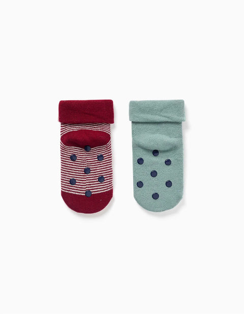 Pack of 2 Non-Slip Terry Socks for Baby Boys, Light Green/Red