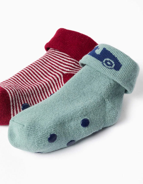 Pack of 2 Non-Slip Terry Socks for Baby Boys, Light Green/Red