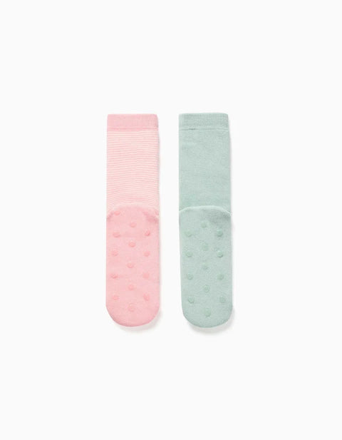 2 Non-Slip Terry Socks with Stripes/Flower for Girls, Pink/Green