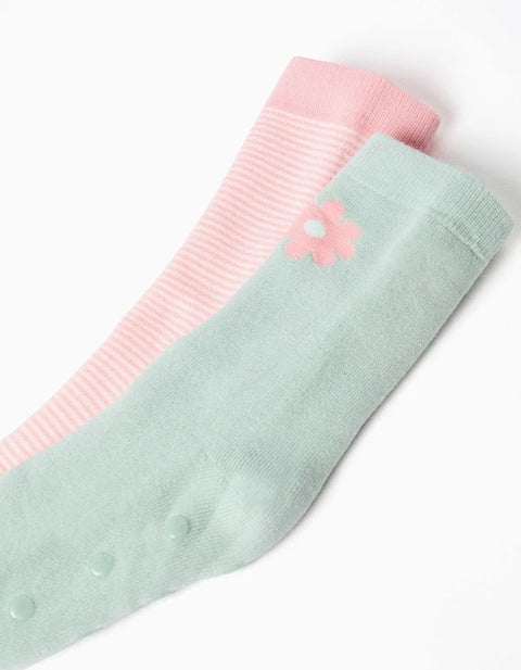 2 Non-Slip Terry Socks with Stripes/Flower for Girls, Pink/Green