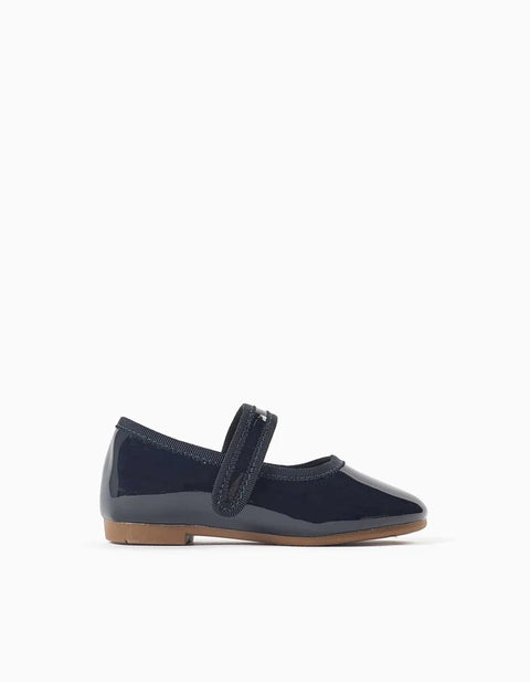 Patent Mary Jane Shoes with Touch-Fastener for Baby Girls, Navy Blue