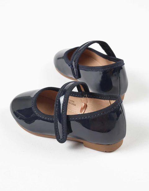 Patent Mary Jane Shoes with Touch-Fastener for Baby Girls, Navy Blue
