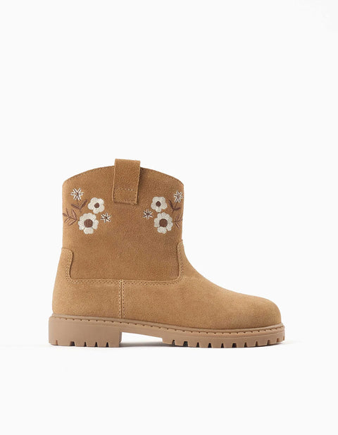 Suede Ankle Boots with Embroidered Flowers for Girls, Camel