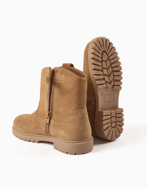 Suede Ankle Boots with Embroidered Flowers for Girls, Camel