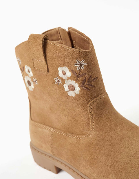 Suede Ankle Boots with Embroidered Flowers for Girls, Camel