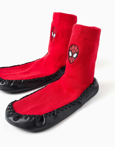 Slipper-Socks with Non-Slip Sole and Spider-Man for Babies and Boys, Red