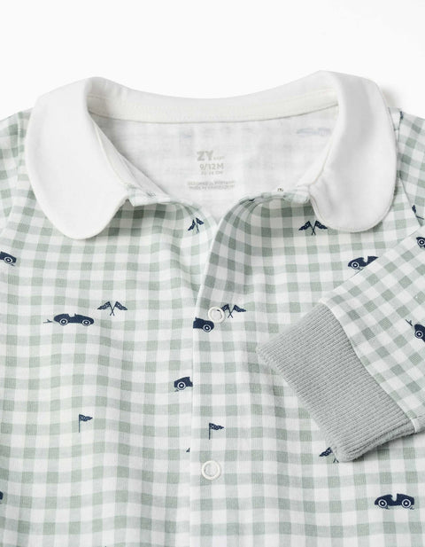 Cotton Gingham Sleepsuit for Newborn and Baby Boys, Light Green/White