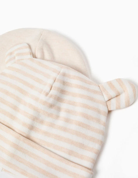 Pack of 2 Plain/Striped Beanies for Newborns, White/Light Beige