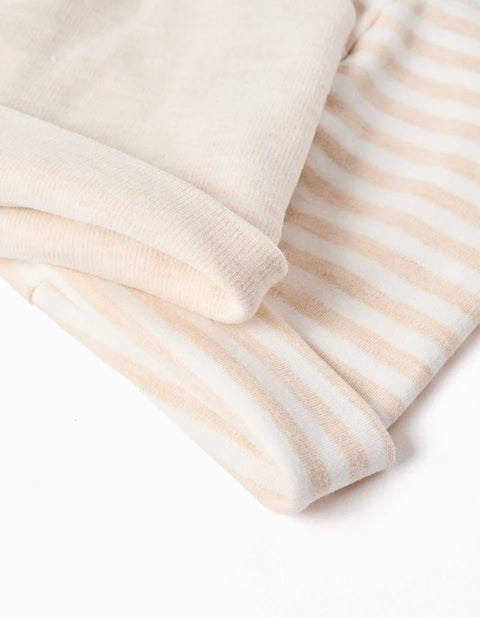 Pack of 2 Plain/Striped Beanies for Newborns, White/Light Beige