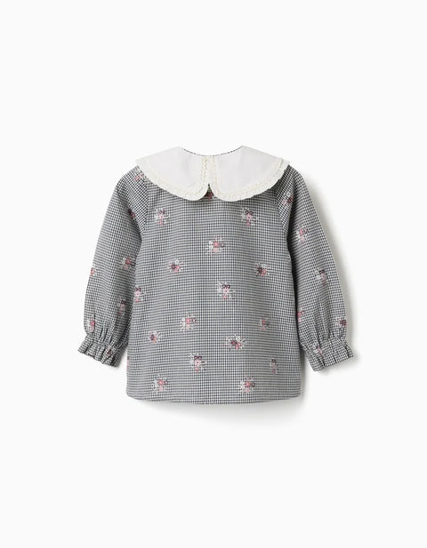 Cotton Gingham Shirt with Floral Print for Baby Girls, White/Navy Blue