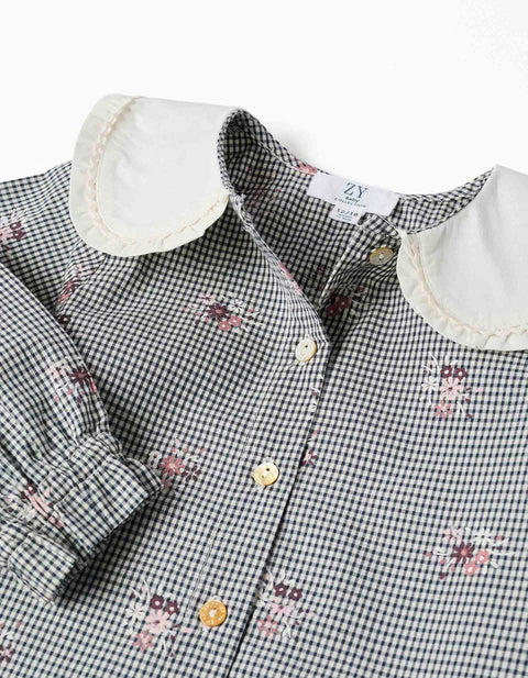Cotton Gingham Shirt with Floral Print for Baby Girls, White/Navy Blue