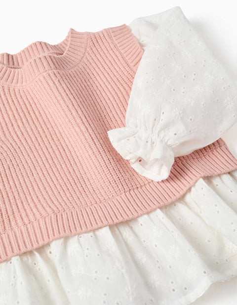 Dual-Fabric Jumper for Baby Girls, White/Light Pink