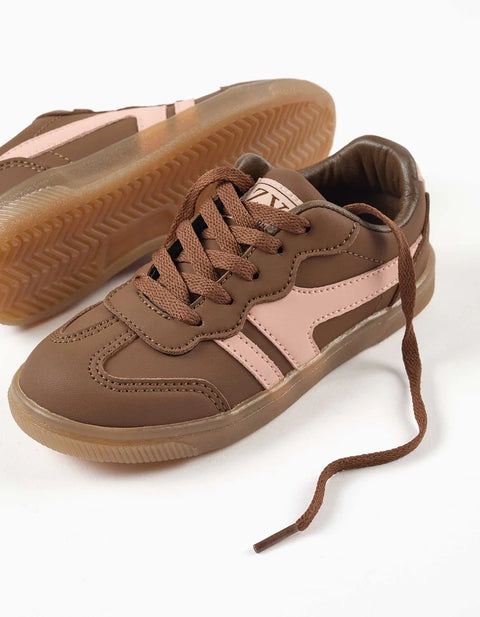 Lace-up Trainers with Non-Slip Rubber Sole for Girls, Brown/Pink