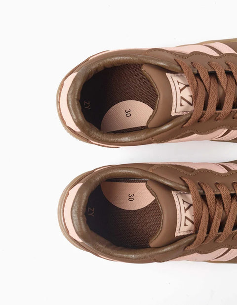 Lace-up Trainers with Non-Slip Rubber Sole for Girls, Brown/Pink
