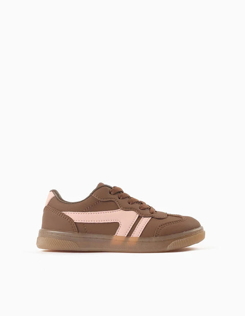 Lace-up Trainers with Non-Slip Rubber Sole for Girls, Brown/Pink