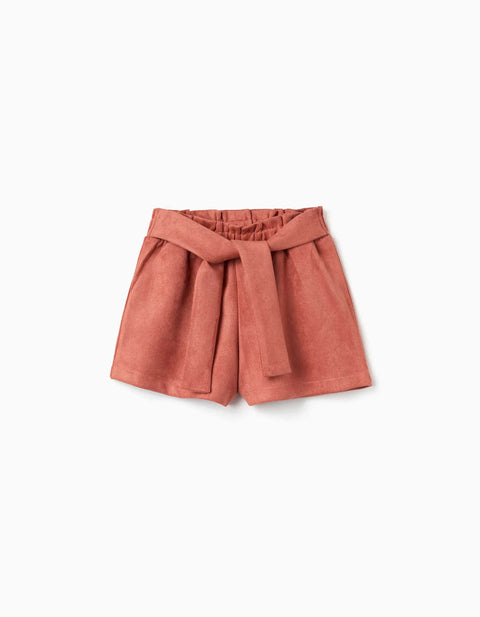 Interlock Knit Shorts with Built-in Belt for Baby Girls, Terracotta