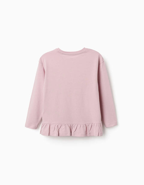 Long Sleeve Cotton T-Shirt with Print and Ruffles for Girls, Lilac