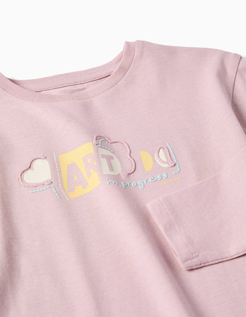 Long Sleeve Cotton T-Shirt with Print and Ruffles for Girls, Lilac