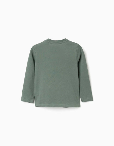 Long Sleeve Cotton T-Shirt with Paddington for Baby Boys, Dark Green