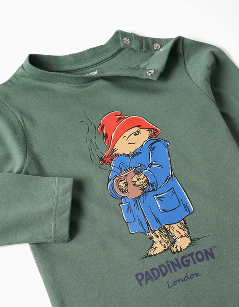 Long Sleeve Cotton T-Shirt with Paddington for Baby Boys, Dark Green