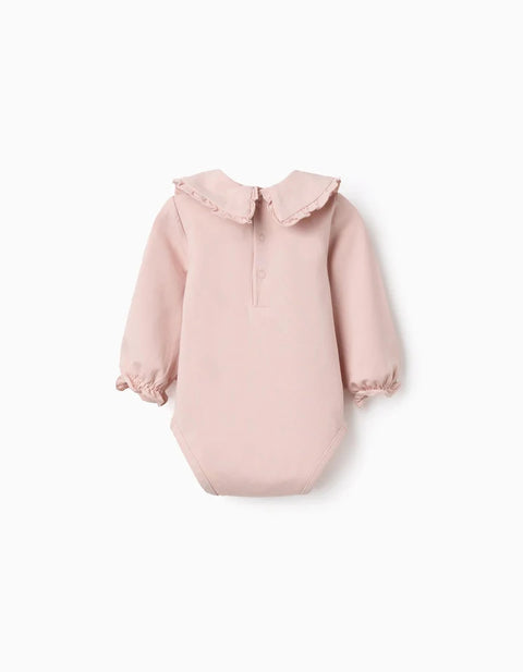 Long Sleeve Cotton Bodysuit with Ruffles for Newborn Girls, Light Pink