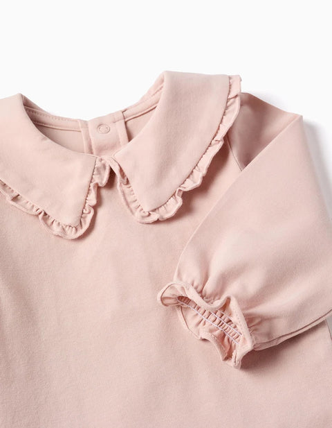 Long Sleeve Cotton Bodysuit with Ruffles for Newborn Girls, Light Pink