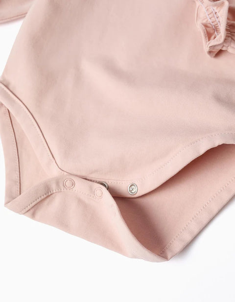 Long Sleeve Cotton Bodysuit with Ruffles for Newborn Girls, Light Pink