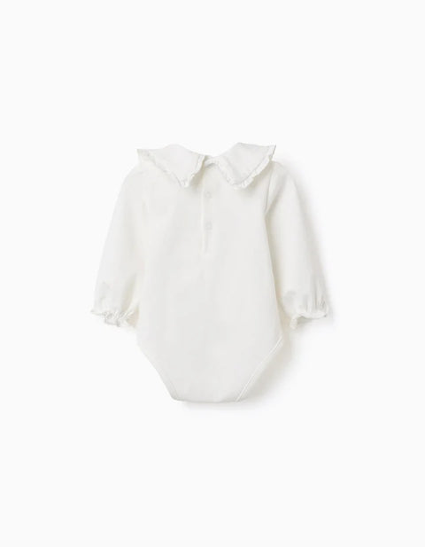 Long Sleeve Cotton Bodysuit with Ruffles for Newborn Girls, White