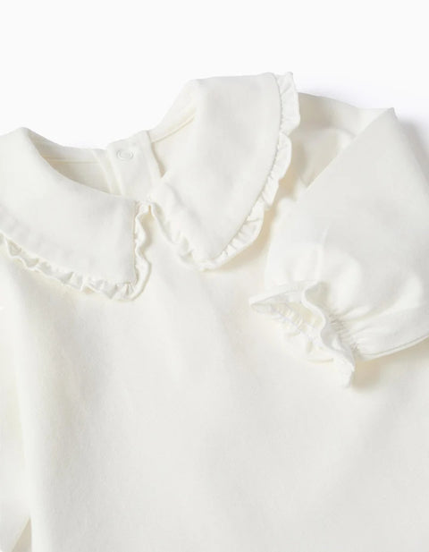 Long Sleeve Cotton Bodysuit with Ruffles for Newborn Girls, White