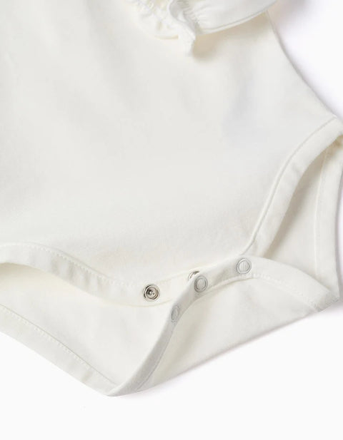 Long Sleeve Cotton Bodysuit with Ruffles for Newborn Girls, White