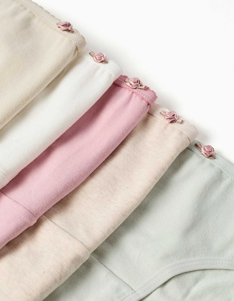 Pack of 5 Briefs with Decorative Roses for Girls, Beige/White/Pink/Green