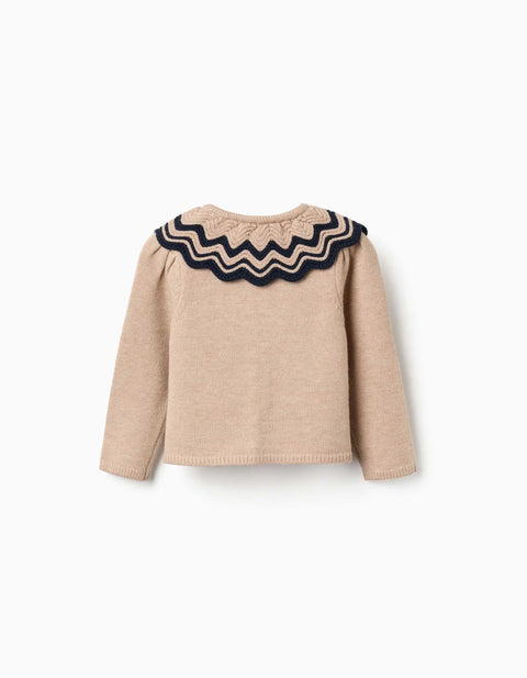 Knitted Cardigan with Striped Collar for Baby Girls, Beige/Navy Blue