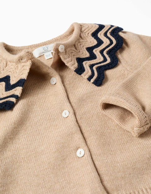 Knitted Cardigan with Striped Collar for Baby Girls, Beige/Navy Blue