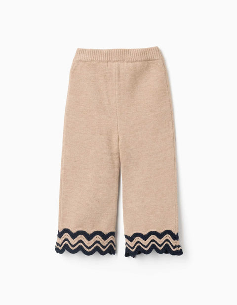 Knitted Trousers with Striped Hem for Baby Girls, Beige/Navy Blue