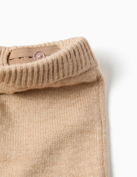 Knitted Trousers with Striped Hem for Baby Girls, Beige/Navy Blue
