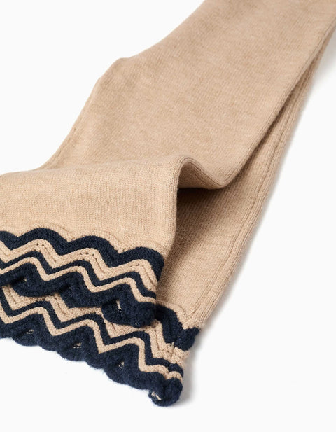 Knitted Trousers with Striped Hem for Baby Girls, Beige/Navy Blue