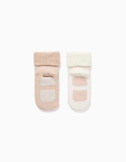 Pack of 2 Non-Slip Terry Socks with Stripes for Babies, White/Beige