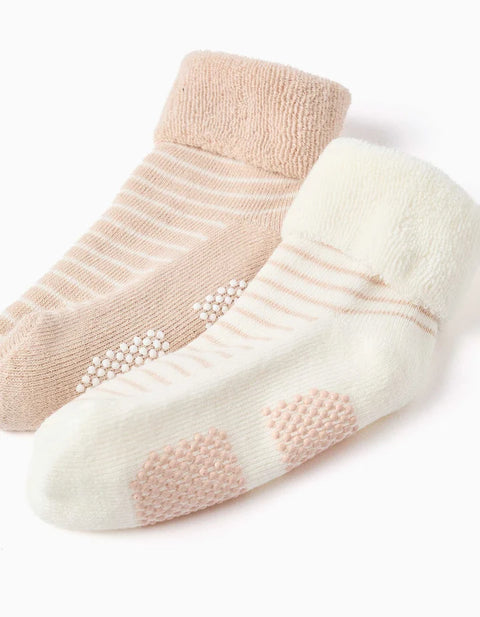 Pack of 2 Non-Slip Terry Socks with Stripes for Babies, White/Beige